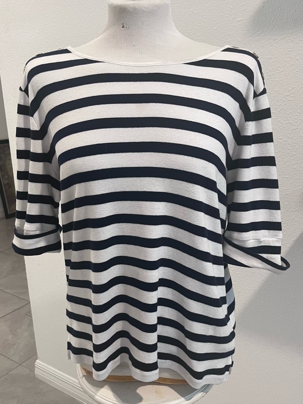 Lauren Ralph Lauren Navy and White Striped Short Sleeve Top